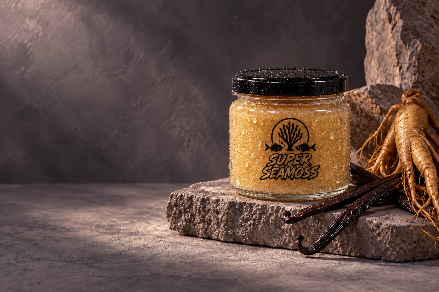 Warm beige seamoss jar with vanilla pods and roots in moonlit light