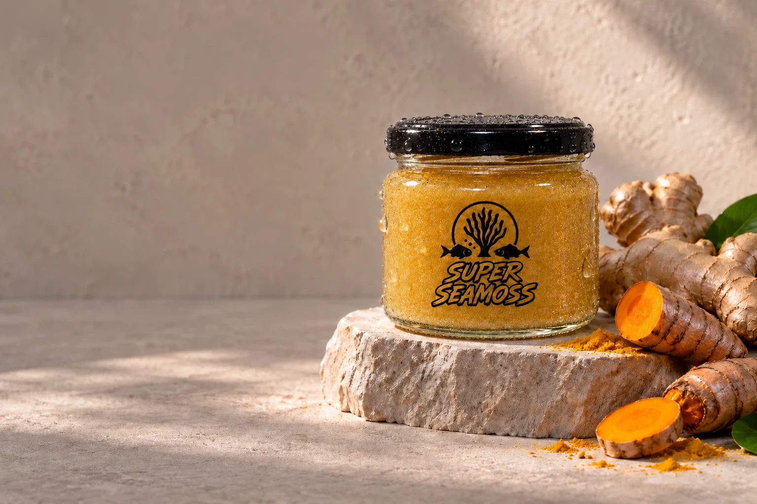 Turmeric-gold seamoss jar with ginger and sliced turmeric