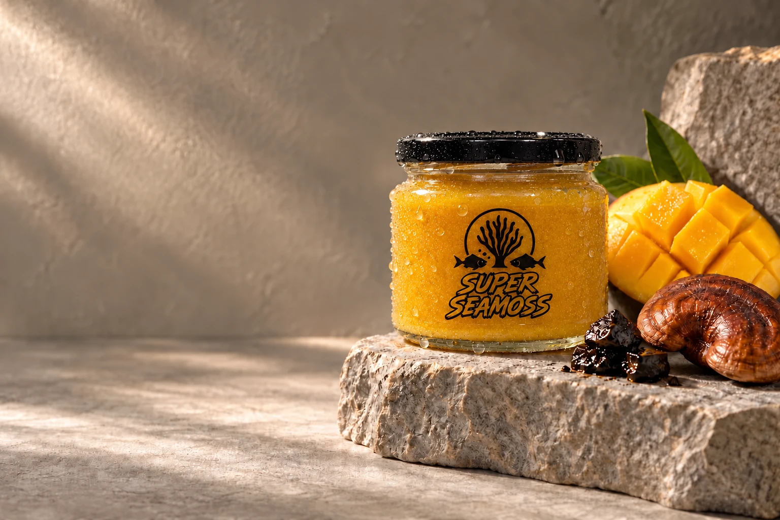 Mango seamoss jar with fresh mango and reishi on sculpted stone