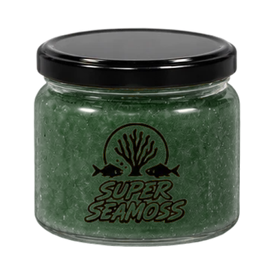 Emerald Cleanse Seamoss jar with a smooth black lid